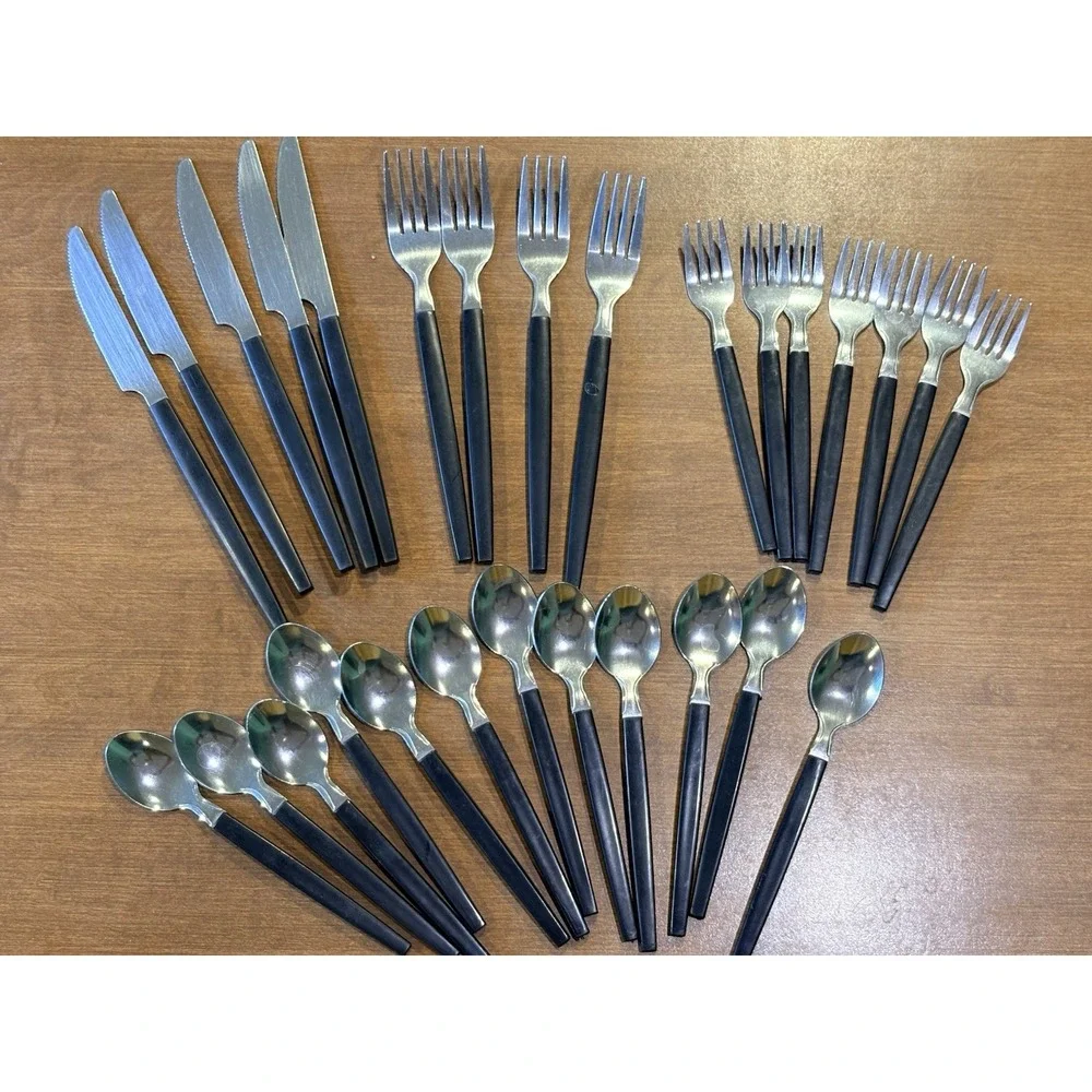 Large Set of MCM Black Handle Flatware Retro Dinerware 50's Forks Knives Spoons